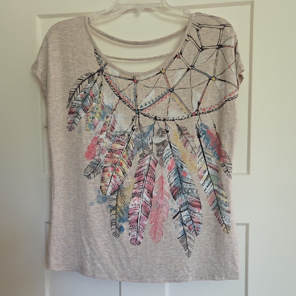 Boho Feather Print Short Sleeve Top